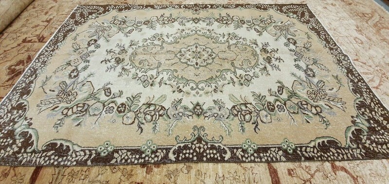 Vintage 1940-1960's Muted Dye,Distressed Wool Pile Oushak Area Rug 5'8" x 8'10" gallery