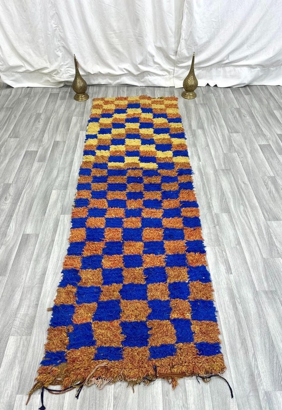 VINTAGE CHECKERED MOROCCAN RUG, Bohrmian Handmade 4'9"x8'3" Boucharouit Runner gallery