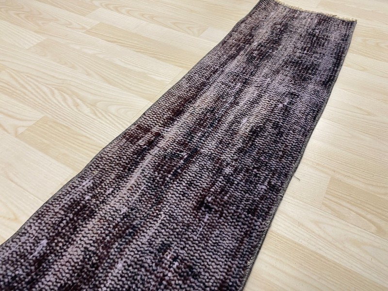 Antique Turkish Rug 0.9x5.0 ft Vintage Dark Plum Overdyed Narrow Carpet Boho gallery