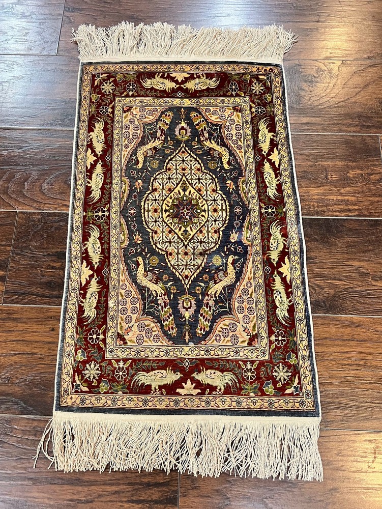 Silk Turkish Hereke Rug 2x3 Peacocks Birds Signature Fine Hand Knotted