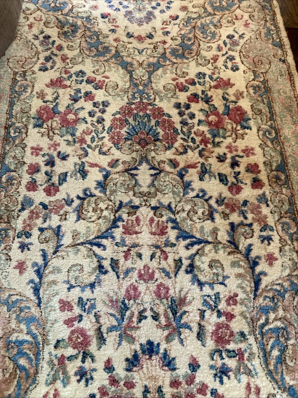 Antique Wool Runner Hand Knotted Ivory 3x12 Kermann Blue Green Pink Davidian gallery