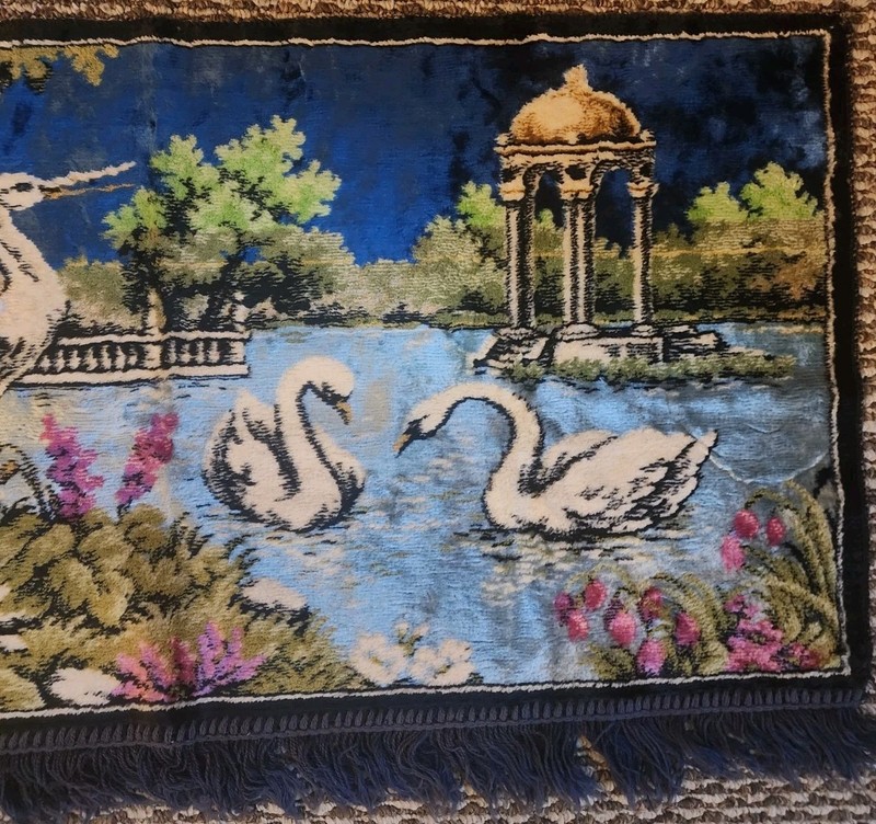 Vintage Tapestry Velvet Rug with Swans and Cranes 37"×21" gallery