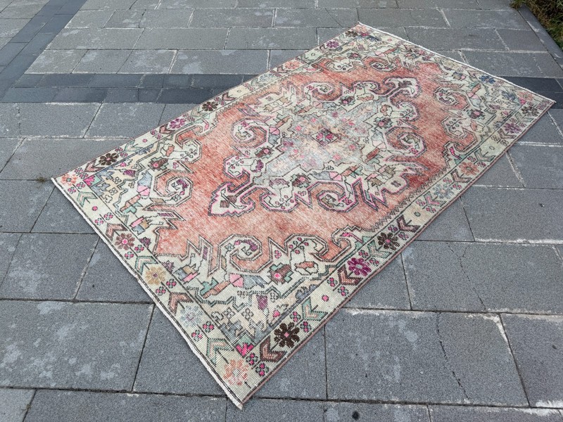 Artisan Turkish Rug 4.4x7.2 Ft Salmon Wool Vintage Botanical Carpet Handmade gallery