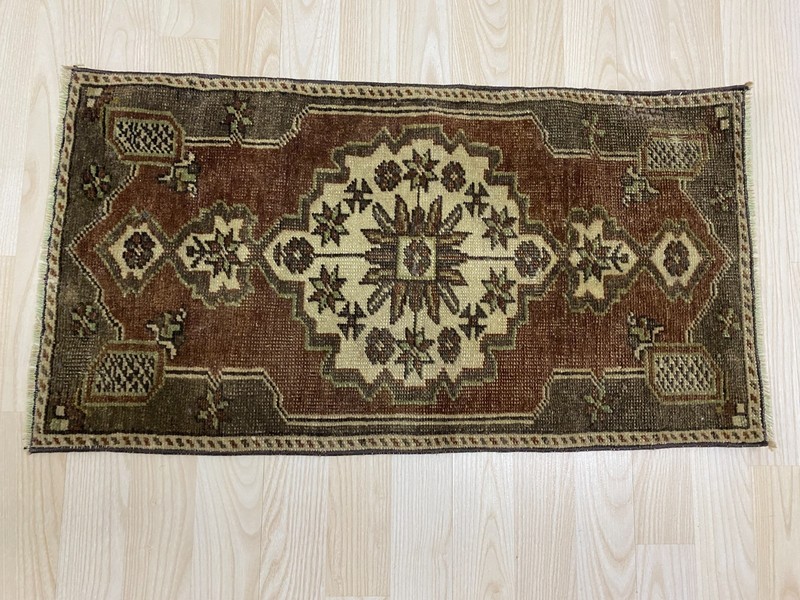 Antique Turkish Rug 1.3x2.5 ft Vintage Brown Cream Star Medallion Wool Boho Mat gallery
