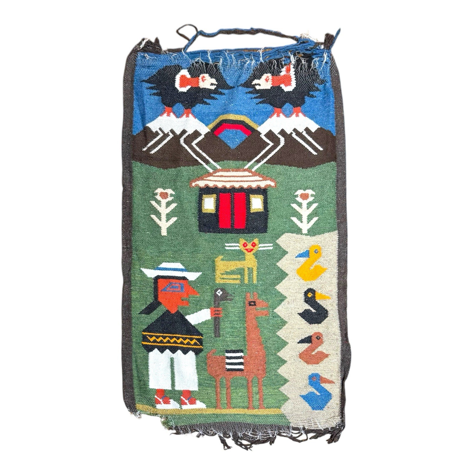 Vintage Native Peruvian Andes Condor Farm Woven Hand Knit Wall Tapestry Rug gallery