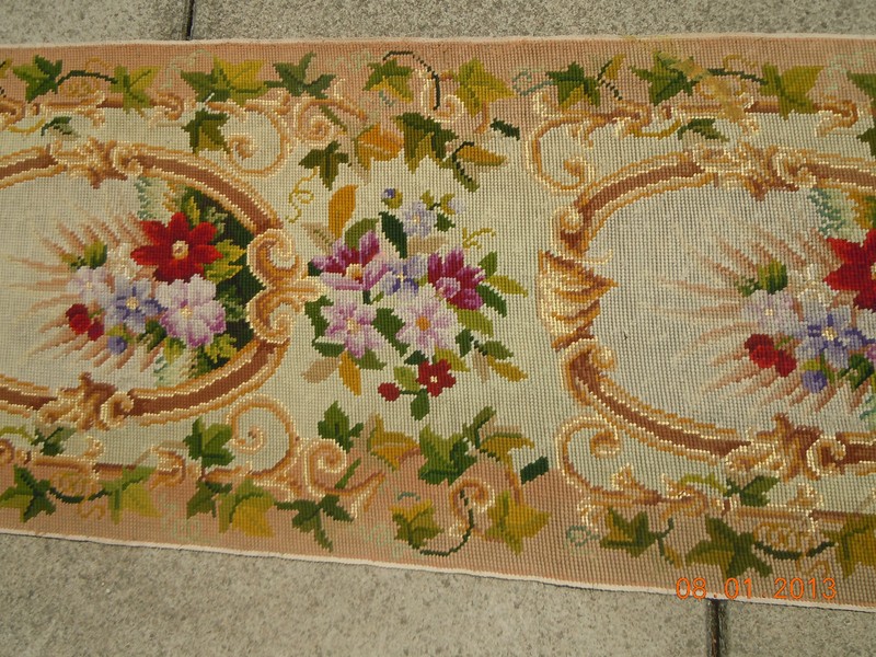 OLD French Floral Garland Bouquets Medallion Tapestry Needlepoint 10 ft Runner gallery