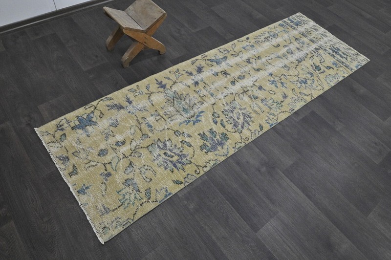 Vintage Turkish Runner Rug 2x7ft Wool Anatolian Handmade Hallway Oushak YELLOW gallery