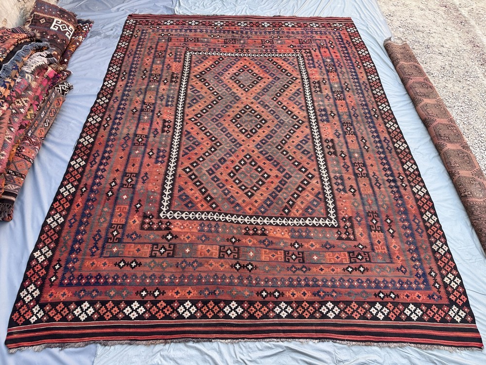 Coral Terracotta Faded Kilim Rug 9'8x13'1 Turkish Antique Tribal Boho decor