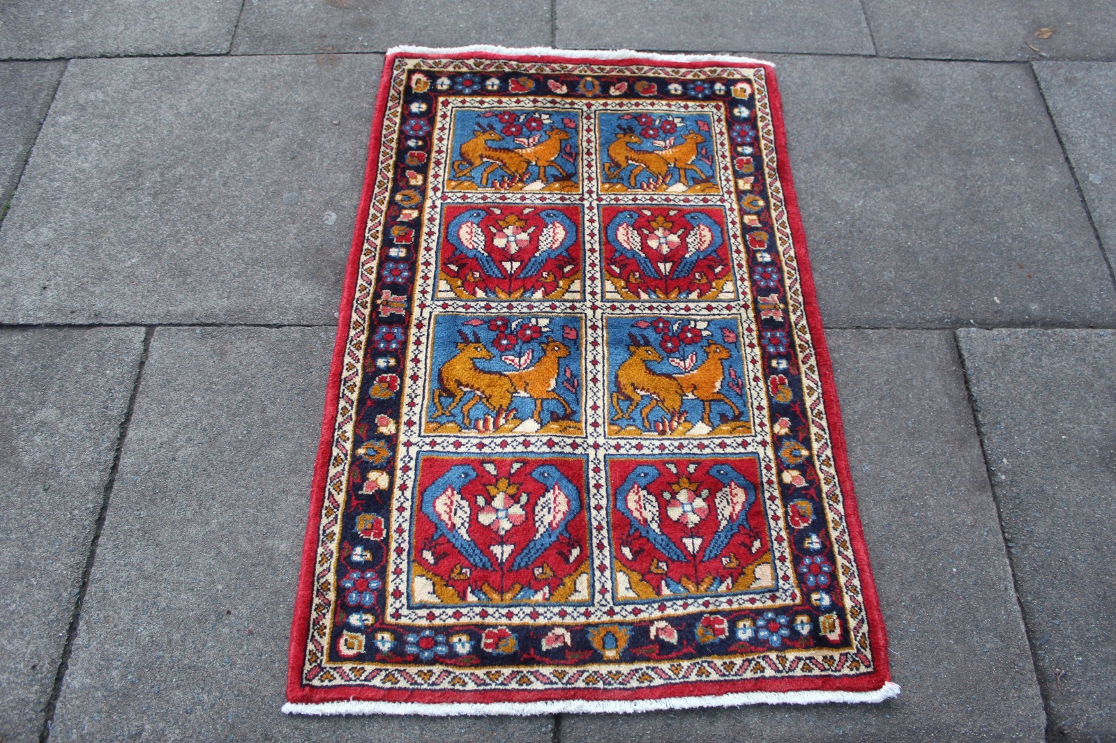 Vintage Hand Made Traditional Oriental Wool Red Blue Small Rug 110x73cm Animal gallery
