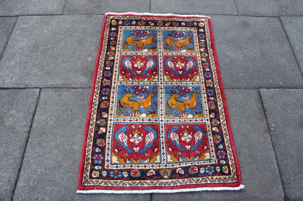 Vintage Hand Made Traditional Oriental Wool Red Blue Small Rug 110x73cm Animal
