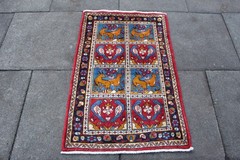 Vintage Hand Made Traditional Oriental Wool Red Blue Small Rug 110x73cm Animal