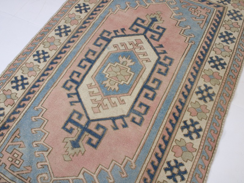 Vintage Hand Knotted Area Rug Pink Blue Tribal Geometric Medallion 4x6 ft gallery