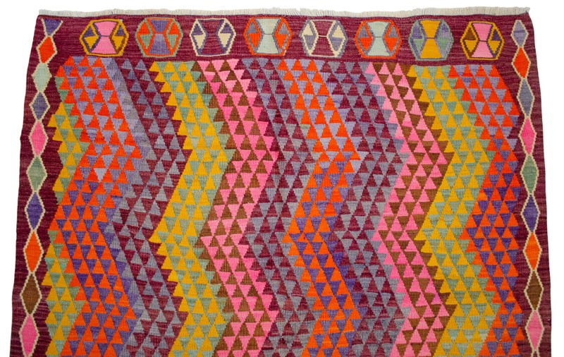 Vintage Turkish Rug Kilim – Handwoven Wool Rug Colorful Area Rug 5'7" x 6'1" gallery