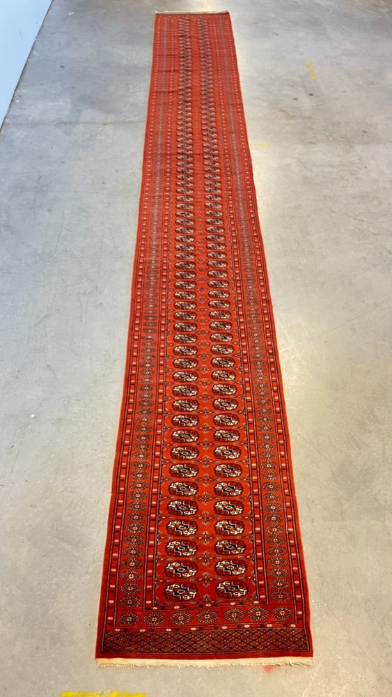 Vintage Bokara Design Runner, Deep Red Field, Hand-Knotted Wool