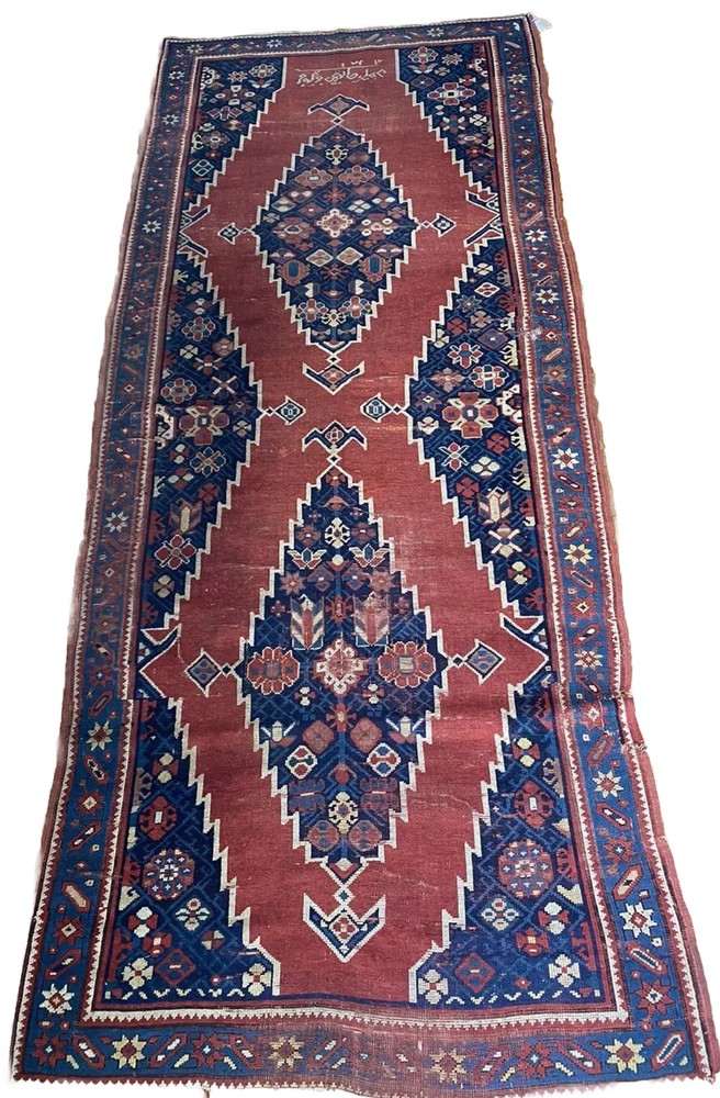 Antique 4 x 10 Caucasian Kazak Armenian Rug Dated 1888 Nat. Dyes Some Distress
