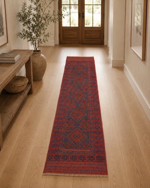 Vintage Afghan Baluchi Wool Runner Rug Handwoven Medallion Tribal Red Blue 2x8ft gallery