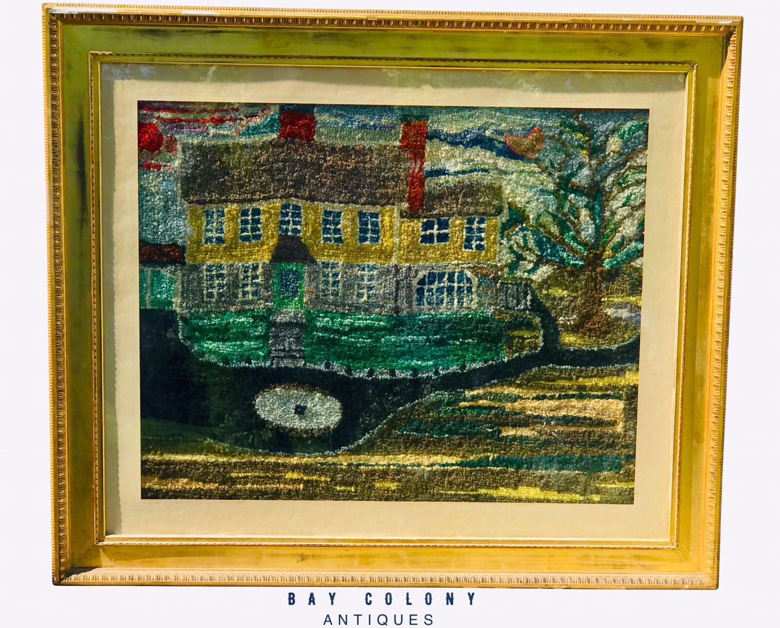 19th C Antique Country Primitive Folk Art Hooked Rug In Gold Gilt Frame gallery