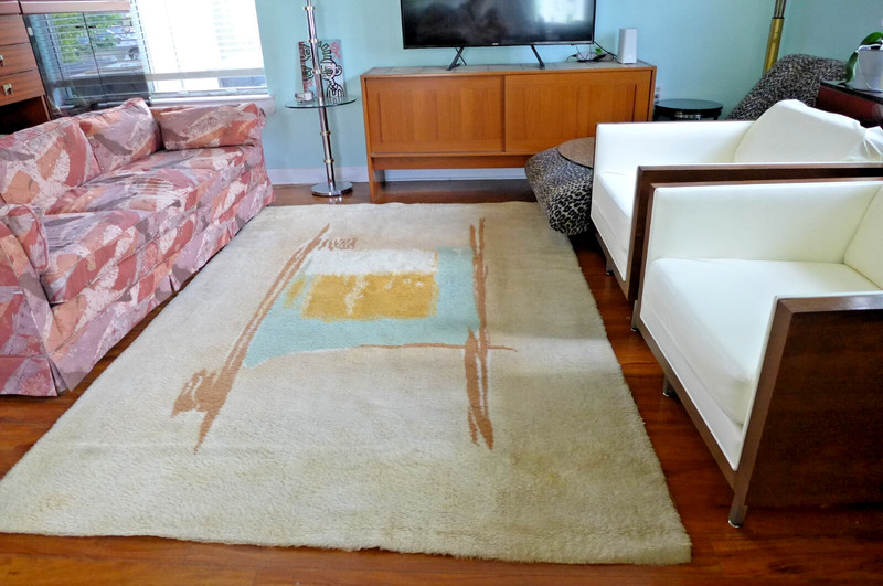 Danish Abstract Rya Rug Vintage Hand Knotted Wool Rug 8.5 x 6 ft Ege Blue Yellow gallery