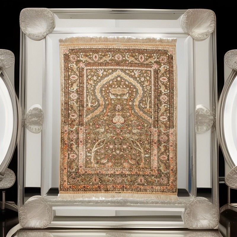 ULTRA HIGH COLLECTIBLE UZBEK HEREKE' RARE SILK RUG WEAVED W/ 24K GOLD THREADS gallery