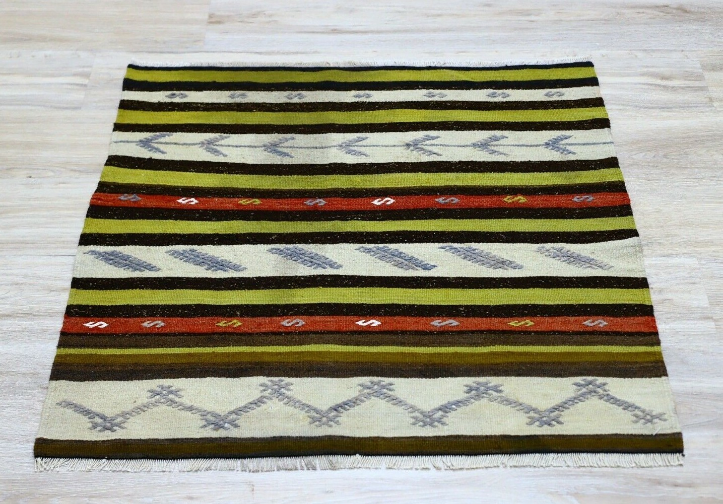 Tribal Scandinavian Wool Kilim Rug Anatolian Vintage Hand Knotted Carpet 3x3 ft gallery