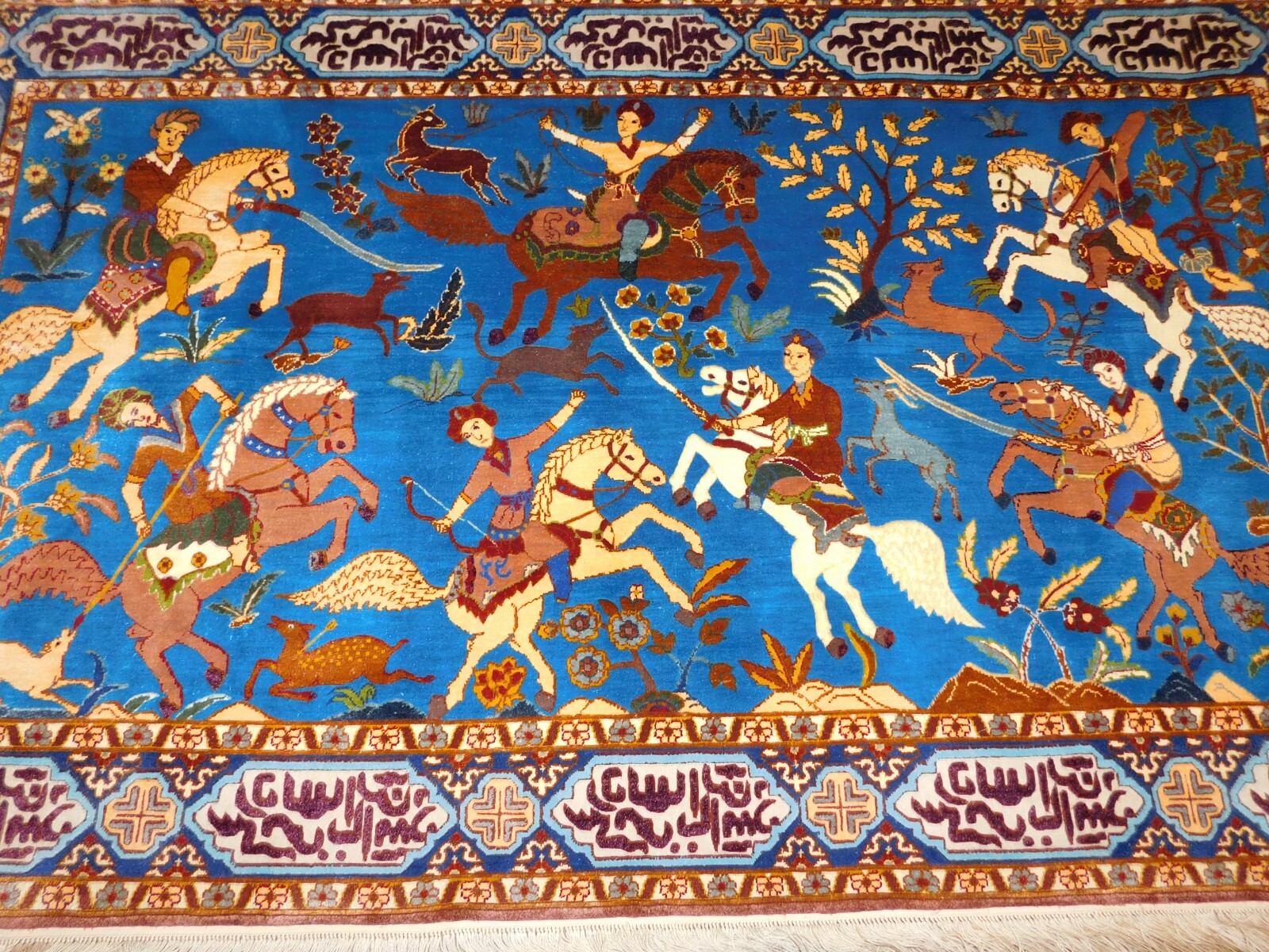 Handmade Hand Knotted Hunters Pictorial Silk Hanging Rug 3 x 5 Feet, Quum Style gallery