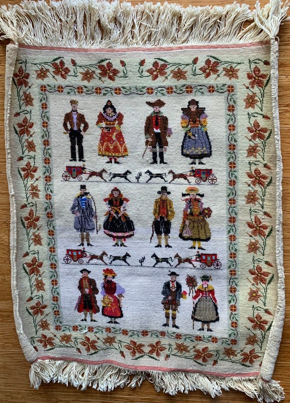 Vintage handmade wool tapestry rug with folk-art design, 22x26 inches gallery