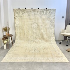 7×11 Antique Faded Turkish Rug, Oushak Area, Handmade Wool Area Rug, Beige Ecru