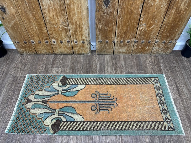 2x5 Copper & Turquoise Vintage Turkish Hallway Runner, Hand-Knotted Wool Rug gallery