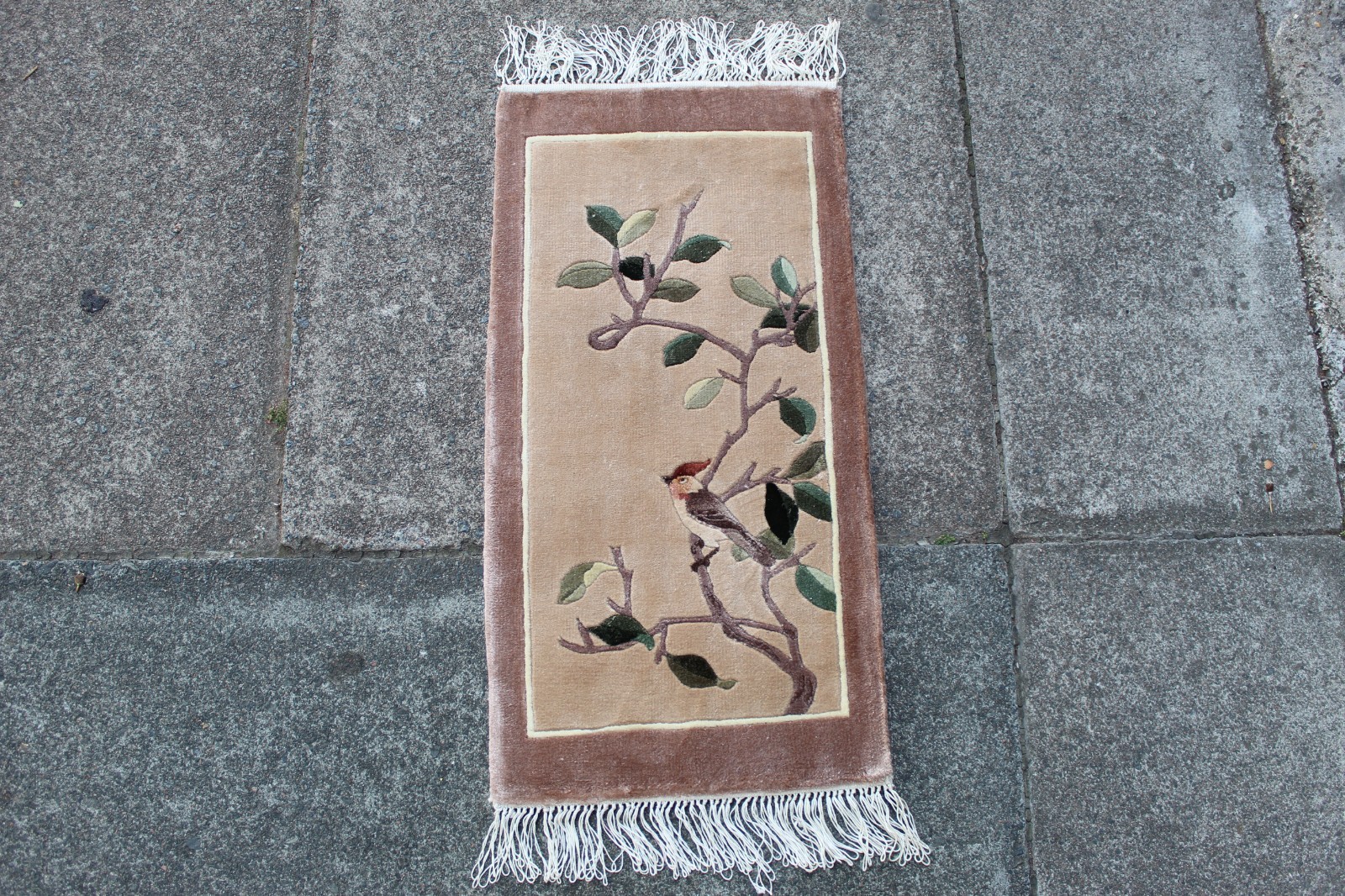 Vintage Silk Rug Hand Made Art Deco Chinese Oriental Brown Small Rug 62x32cm gallery