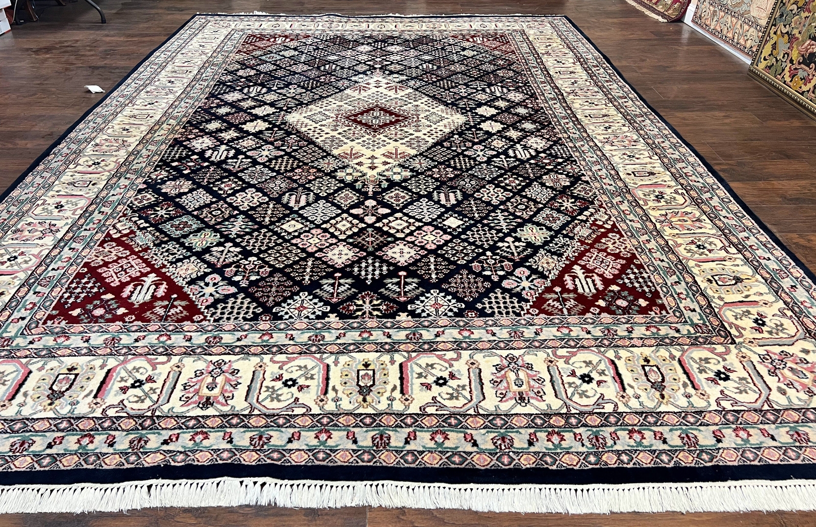 Large Oriental Rug 10x14 Wool Handmade Vintage Carpet Navy Blue Ivory Medallion gallery