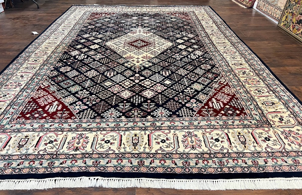 Large Oriental Rug 10x14 Wool Handmade Vintage Carpet Navy Blue Ivory Medallion