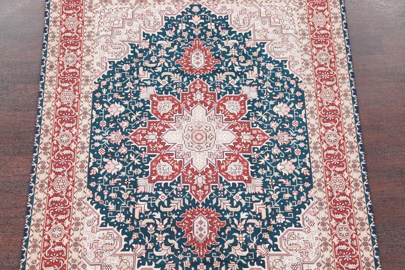 Geometric Dark Teal Green Tebriz Rug 5x7 Wool with Silk Highlight Handmade Rug gallery