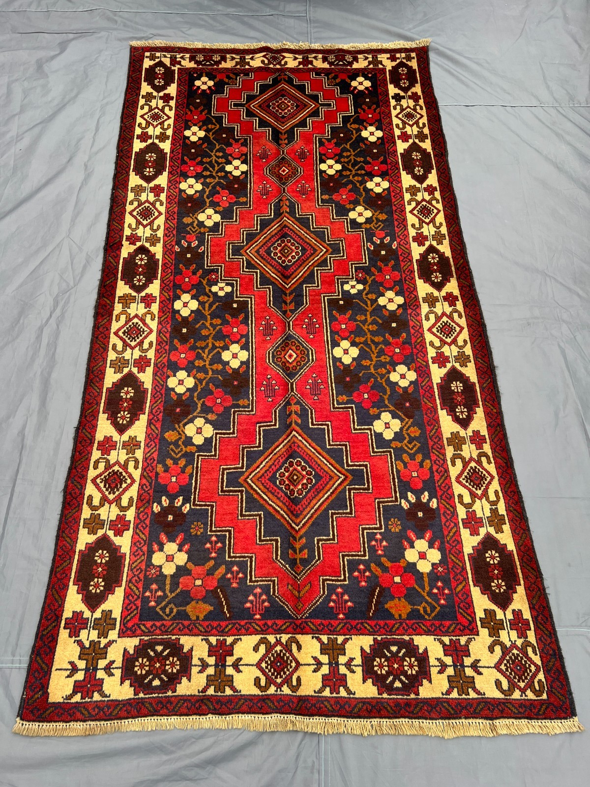 3'6x7'6 ft Vintage Afghan Baluchi Hand-Knotted Floral Geometric Red & Yellow Rug gallery