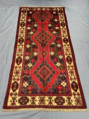 3’6×7’6 ft Vintage Afghan Baluchi Hand-Knotted Floral Geometric Red & Yellow Rug