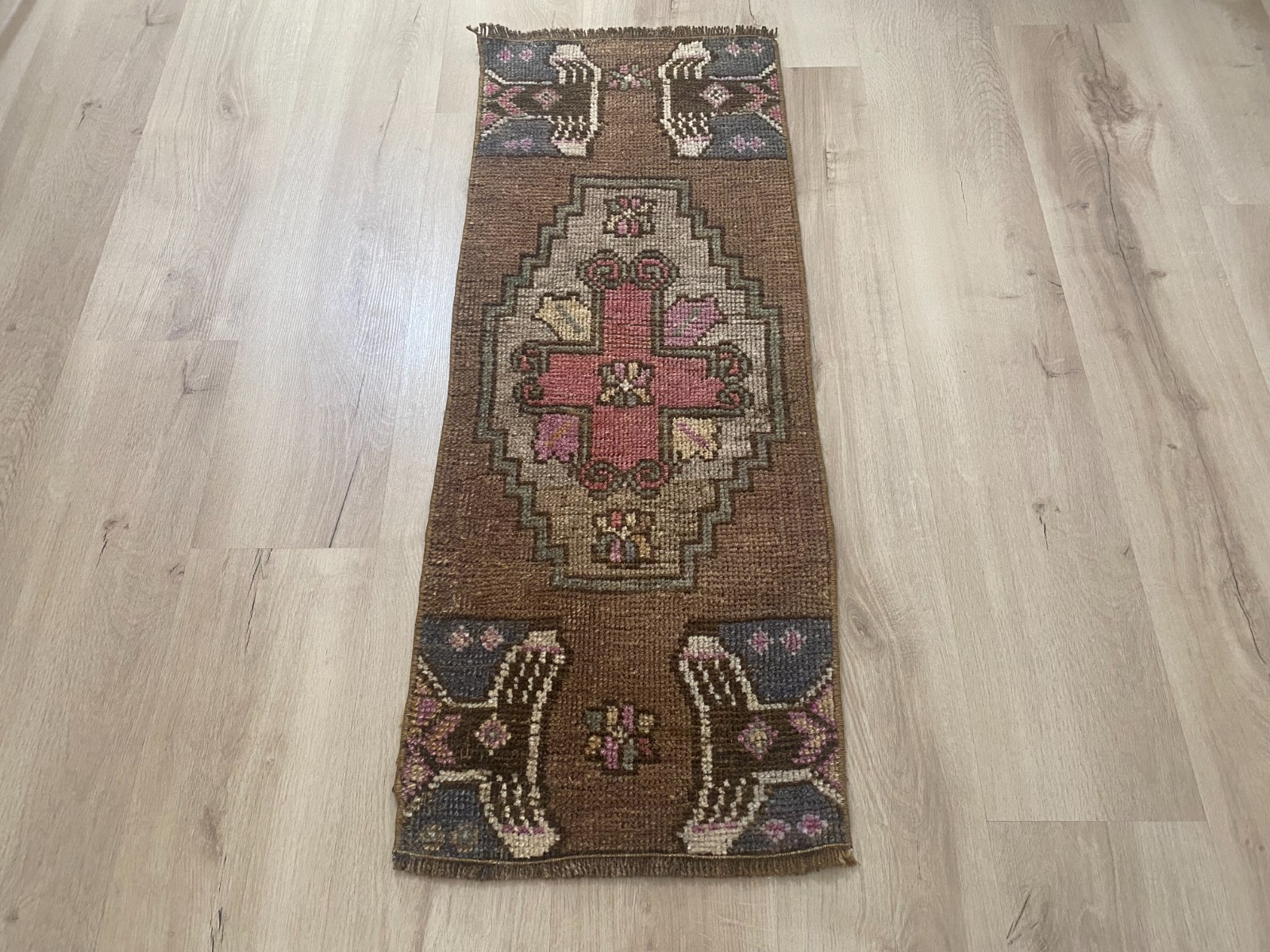 Brown Turkish Runner Rug Handmade Vintage Wool Hallway Rug 1.3x3.5 Ft gallery