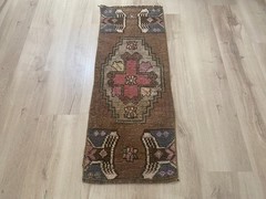 Brown Turkish Runner Rug Handmade Vintage Wool Hallway Rug 1.3×3.5 Ft