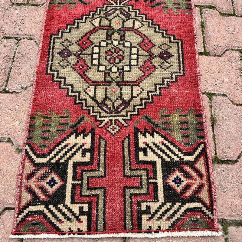 Brick Cream 1x3 Vintage Turkish Oriental Wool Rug - Tariff Free gallery