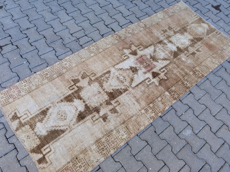 Vintage Turkish Oushak Runner 3x11 Hand Knotted Wool Brown Tan Tribal gallery
