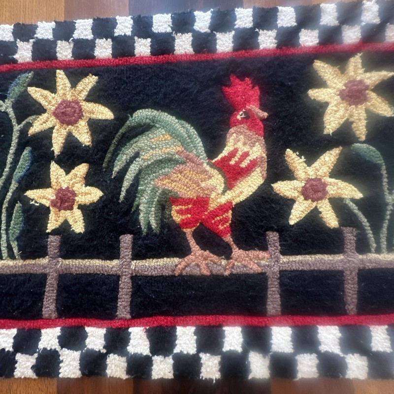 Vintage Hooked Wool Rug Rooster Sunflowers Checkered Border 2x3 #1 gallery