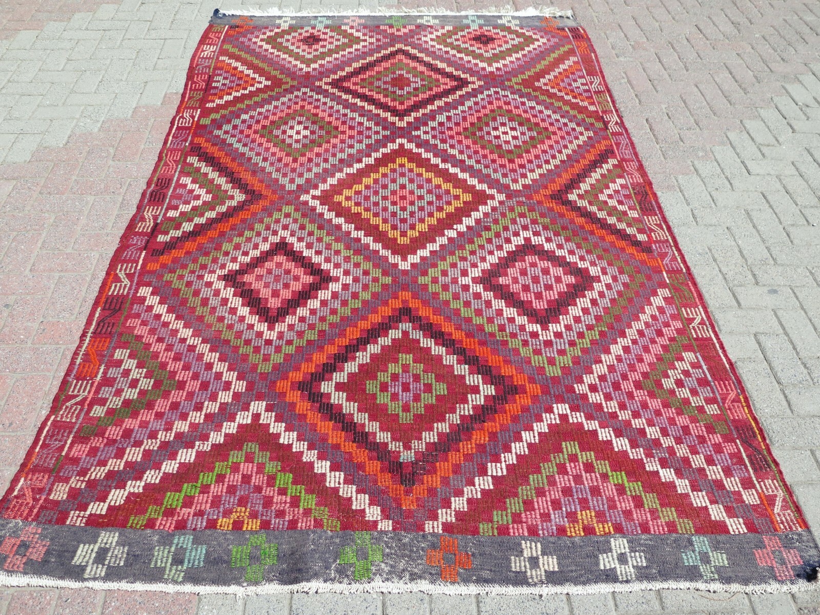 Large Pink Vintage Turkish Carpet, Handmade Geometric Wool Kelim Rug 72"x115" gallery