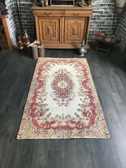 Vintage Turkish Rug , Handmade Area Rug , Red Turkish Rug , Beige Rug