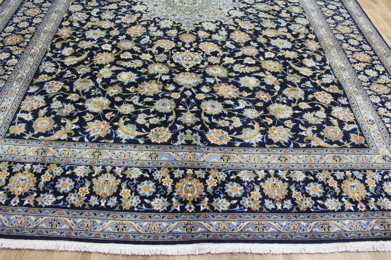 Large Fine Keshan Rug 405x302cm Hand Knotted Wool Signed Blue Floral Medallion gallery