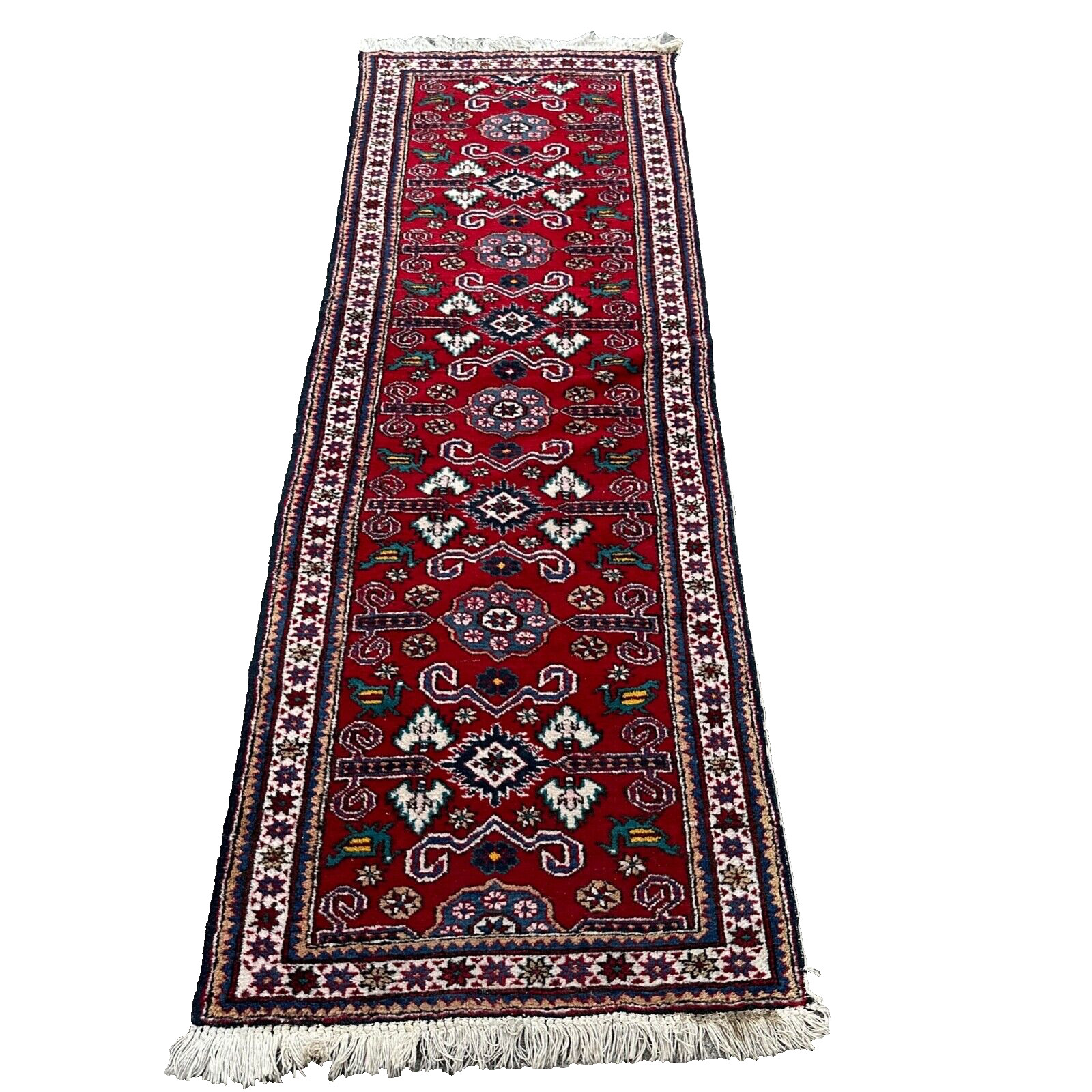 Vintage Perisan Runner Rug -86"x28" MultiColor Red Blue White Camel Wool gallery