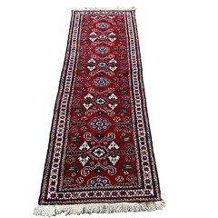 Vintage Perisan Runner Rug -86″x28″ MultiColor Red Blue White Camel Wool