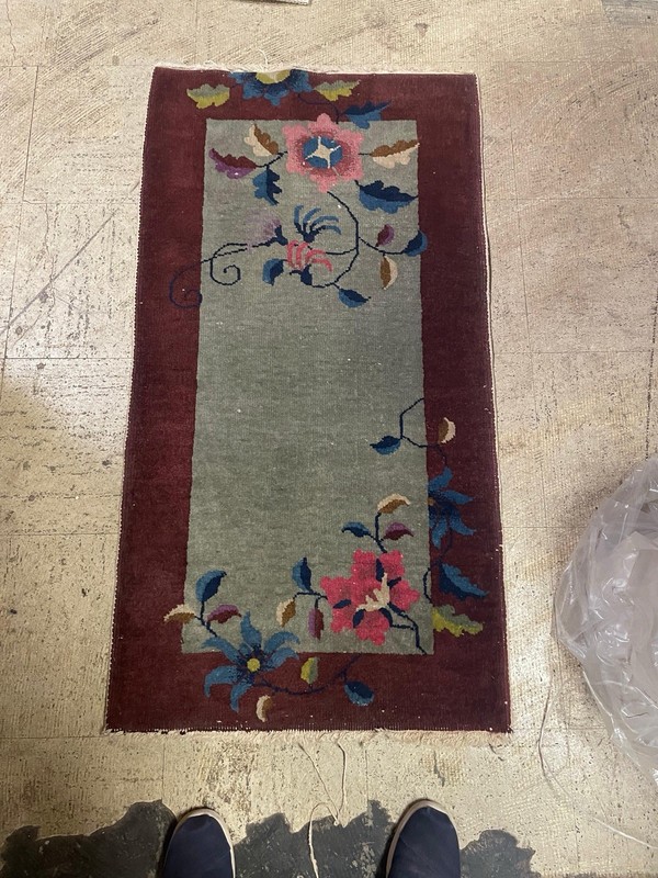 Matched Pair Antique 1920s Chinese Art Deco Rugs 2x4 Sage Green Burgundy Floral gallery