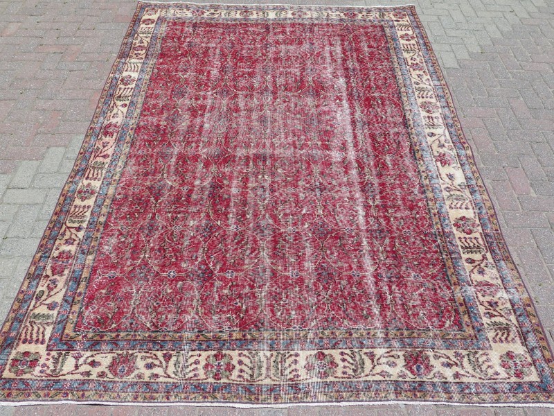 Vintage Turkish Handmade Wool Carpet Large Red Rug Distressed Kilim Rug 81"x115" gallery