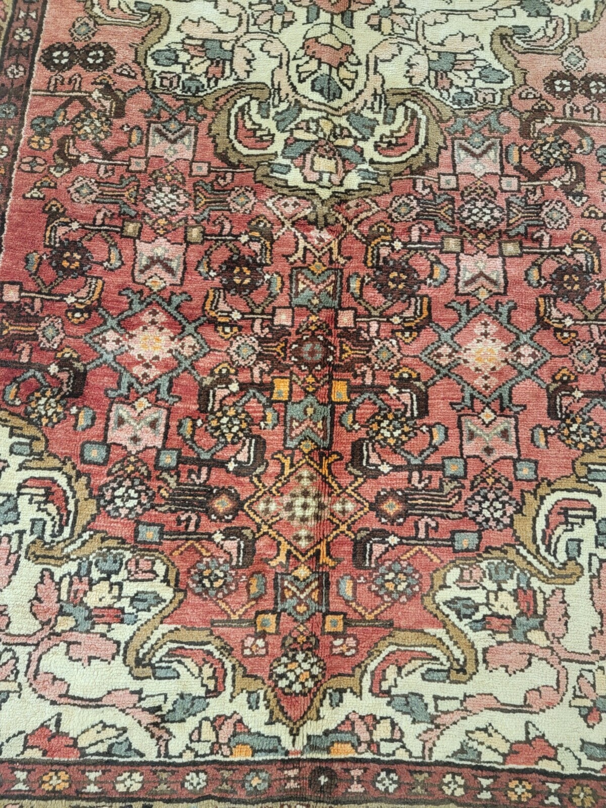 Antique Oriental Hand-Knotted Wool Runner Salmon/Green/Ivory/Blue 5'2" x 10'2" gallery