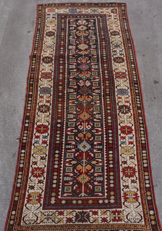 Phenomenal 1880sAntique Caucasian Gendje Hand-Knotted Wool Runner Rug 3'8" x 9' gallery