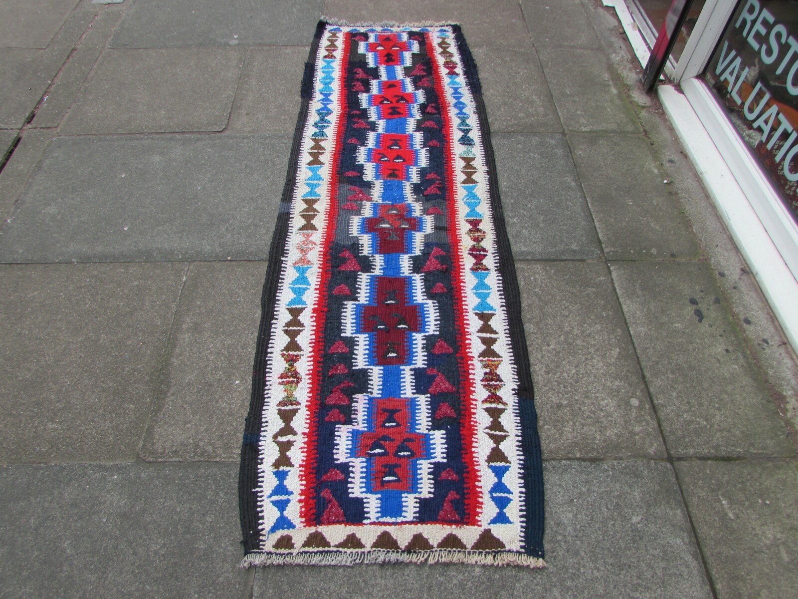 Vintage Traditional Hand Made Oriental Wool Cotton Blue Kilim Runner 215x68cm gallery