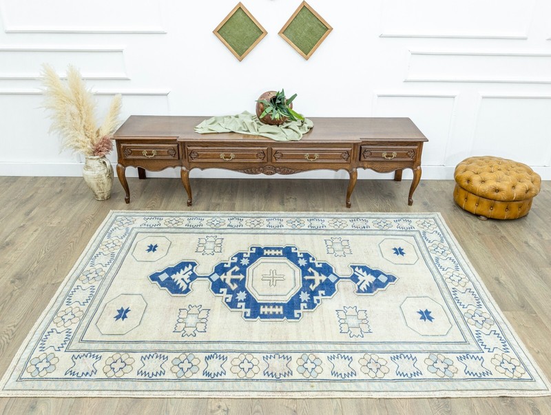 Vintage Modern Turkish Large Area Rug 5.6x8.1 ft Hand-knotted Oushak Wool Carpet gallery